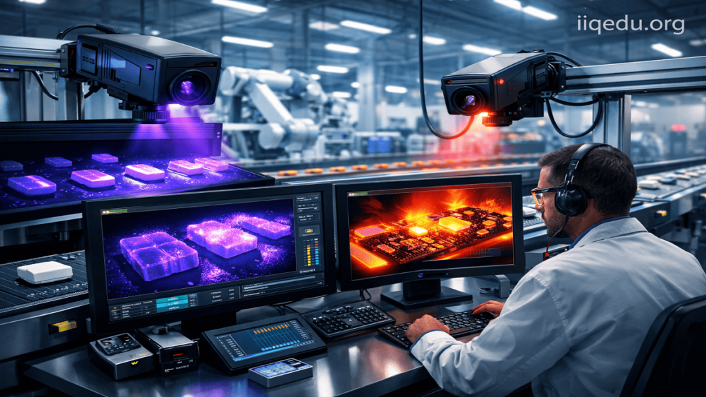 High-resolution illustration of UV/IR cameras inspecting products on a production line in a modern industrial setting. UV cameras highlight surface defects with purple fluorescence, while IR cameras detect thermal anomalies in electronic components. A technician monitors live heat maps and UV images on dual screens. Subtle watermark 'iiqedu.org' in the top-right corner. UV/IR Cameras in Quality Assurance