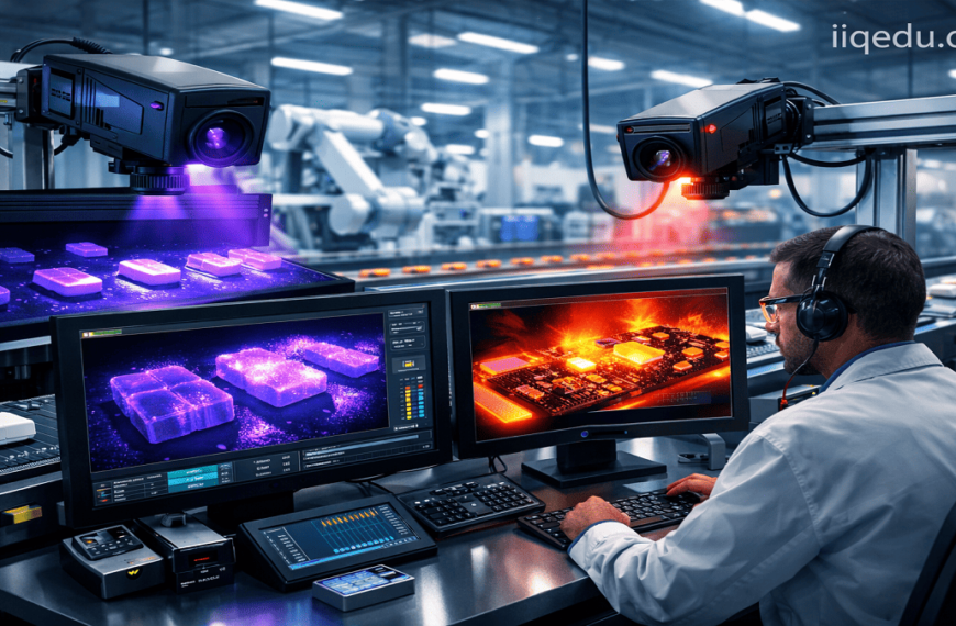 High-resolution illustration of UV/IR cameras inspecting products on a production line in a modern industrial setting. UV cameras highlight surface defects with purple fluorescence, while IR cameras detect thermal anomalies in electronic components. A technician monitors live heat maps and UV images on dual screens. Subtle watermark 'iiqedu.org' in the top-right corner. UV/IR Cameras in Quality Assurance