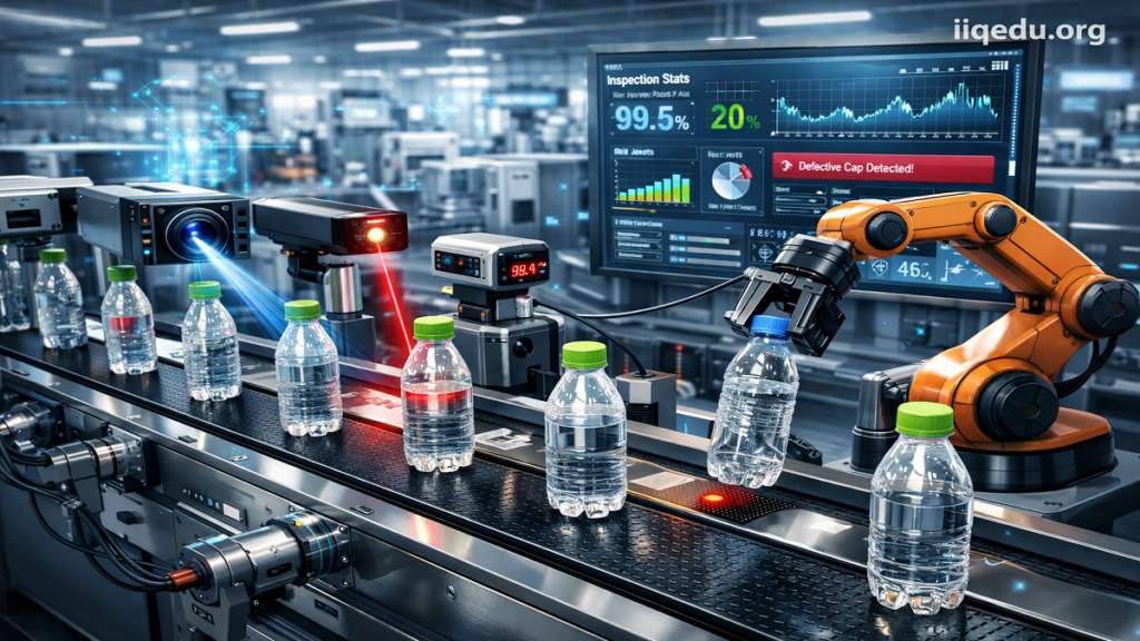 Smart sensors inspection in-inline bottles on a conveyor belt in a modern smart factory, with vision cameras, laser scanners, temperature sensors, and a robotic arm removing defective products. Digital dashboard shows live inspection data. Watermark 'iiqedu.org' in the top-right corner.
Smart Sensors for In-Line Inspection