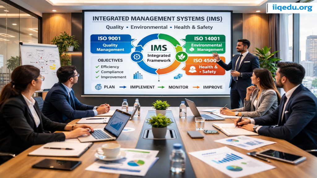 A corporate team in a modern conference room watches a presenter explain Integrated Management Systems (IMS) on a large screen, showing ISO 9001 (Quality), ISO 14001 (Environmental), and ISO 45001 (Health & Safety) standards. Audience members are engaged, taking notes, with laptops and charts on the table. Watermark “iiqedu.org” visible in top-right corner.