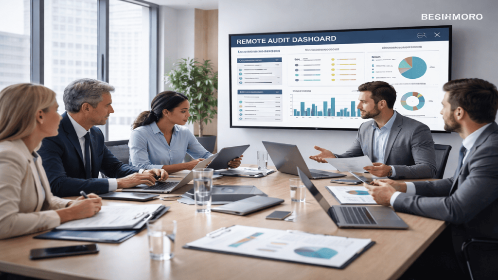 Remote Auditing in Post-COVID. A corporate audit team conducts a remote audit in a modern office. Five professionals, including men and women of diverse backgrounds, sit around a table with laptops, tablets, and reports. A large screen displays audit dashboards, compliance checklists, and workflow metrics. Team members appear engaged in discussion and data analysis. The workspace is bright with natural lighting, modern furniture, and digital tools. A small watermark “iiqedu.org” is visible in the top-right corner.