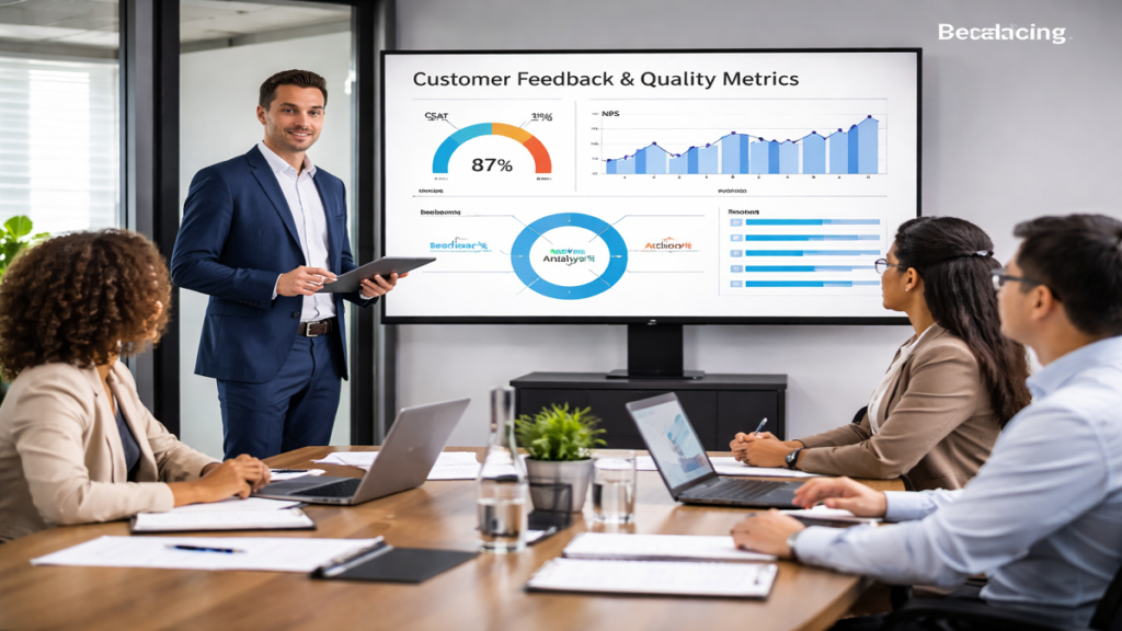 Customer Feedback & Quality Metrics. A professional presenting customer feedback and quality metrics on a screen to a team in a modern meeting room while colleagues listen and take notes.