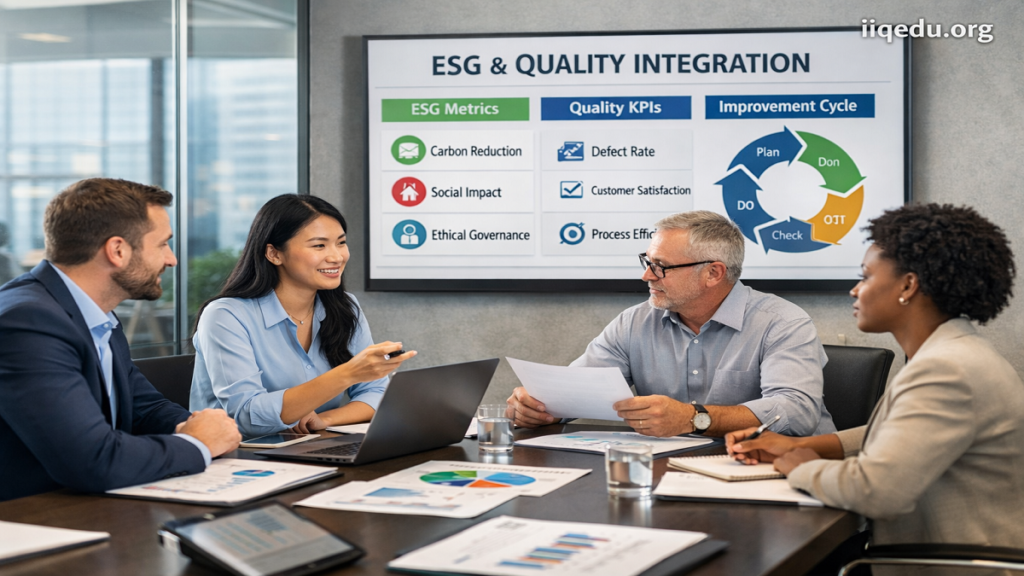 ESG & Quality Integration. A corporate team of four professionals in a modern office discussing ESG and quality integration, with charts, laptops, and a screen displaying ESG metrics, quality KPIs, and an improvement cycle.