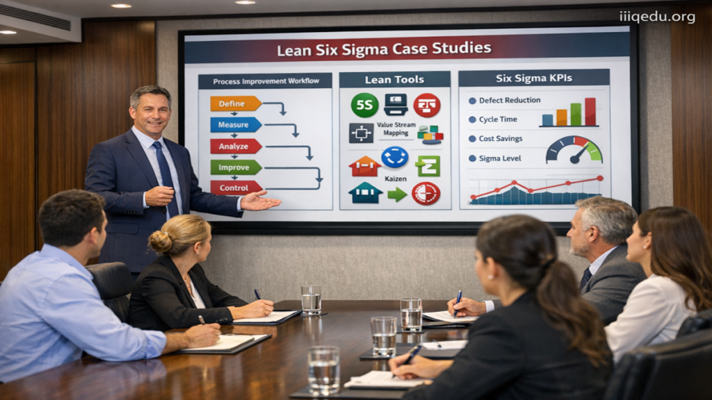 A corporate business presentation on Lean Six Sigma case studies in a professional conference room. One presenter stands in front of a screen displaying process improvement workflows, Lean tools, and Six Sigma KPIs. Four to five audience members are seated, taking notes and paying attention. Modern furniture, polished setting, realistic lighting, watermark “iiqedu.org” in the top-right corner.