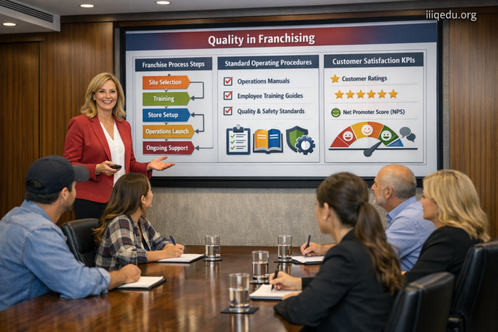 A corporate team in a modern office discussing quality in franchising. Four to five professionals are seated around a table with laptops, reports, and charts. A presenter stands in front of a screen displaying standard operating procedures, quality metrics, and customer satisfaction KPIs. The team looks engaged in discussion and planning. Modern conference room with natural lighting, professional attire, and a watermark “iiqedu.org” in the top-right corner.