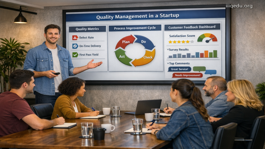 Quality Management in Startups. A startup team in a modern office discussing quality management processes. Four to five professionals sit around a table with laptops, charts, and reports, while one presenter stands in front of a screen displaying SOPs, KPIs, process workflows, and quality improvement metrics. The team appears engaged in discussion and analysis. Bright, modern workspace with natural lighting and casual-professional attire. Small watermark “iiqedu.org” in the top-right corner.