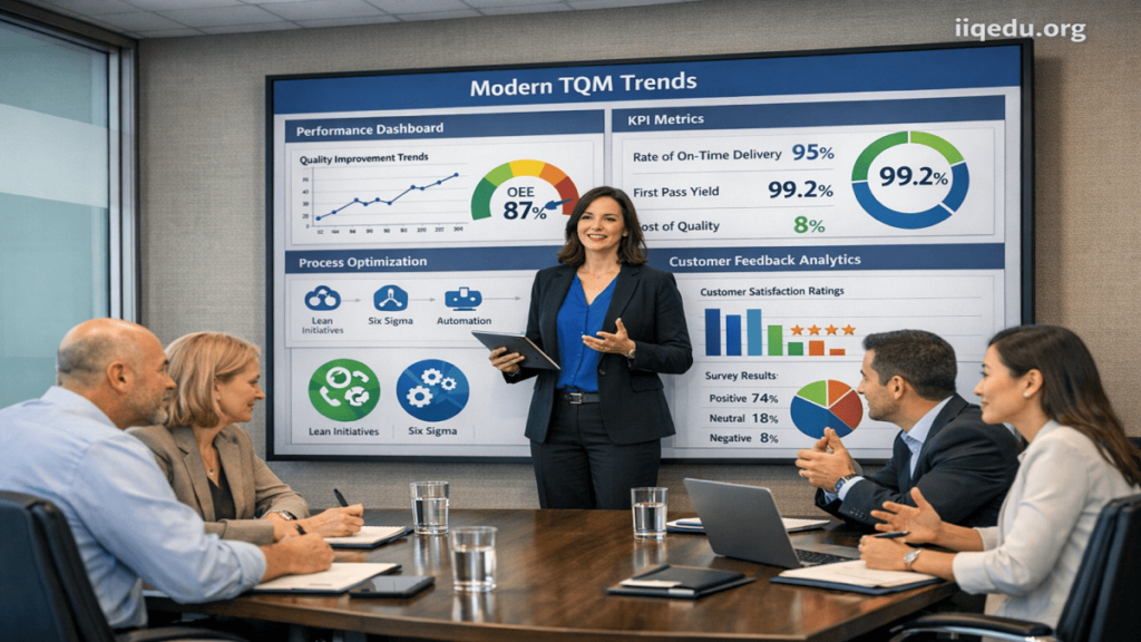A corporate team implements Total Quality Management (TQM) trends in a modern office. Five professionals collaborate around laptops and tablets, analyzing charts and dashboards on a large screen. The screen displays Lean Six Sigma diagrams, workflow metrics, and quality KPIs. Team members appear engaged in discussion and process improvement planning. Modern office setting with realistic lighting, professional attire, and a small watermark “iiqedu.org” in the top-right corner.