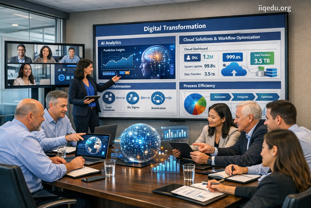 A smart factory and corporate team illustrate Digital Transformation and Industry 4.0. Robots operate on automated production lines with IoT sensors, while employees monitor dashboards on tablets and laptops. Screens display real-time data, predictive analytics, and KPIs. The office environment is modern and high-tech with realistic lighting. A small watermark “iiqedu.org” is visible in the top-right corner.