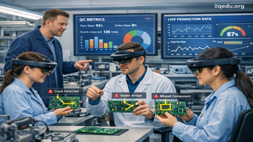 Augmented Reality for QC Training. A modern manufacturing floor and electronics lab show employees using AR headsets for quality control training. Digital overlays highlight product defects, step-by-step inspection instructions, and 3D models. Trainees interact with virtual guides while supervisors monitor performance on tablets. Screens in the background display real-time analytics and metrics. The environment is high-tech, professional, and well-lit. A small watermark “iiqedu.org” is visible in the top-right corner.