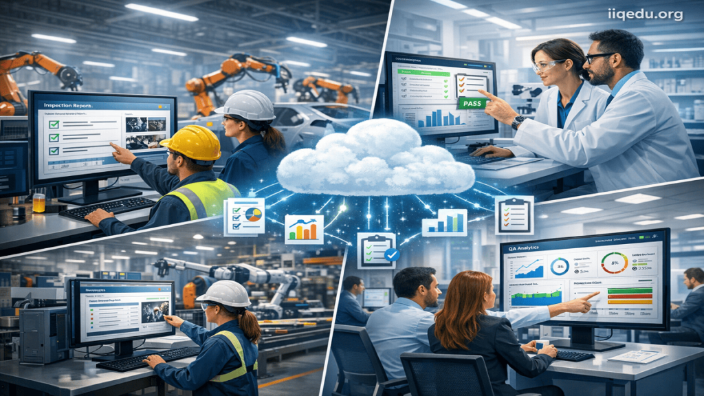 A modern manufacturing facility, laboratory, and office environment show teams using cloud-based QA systems. Employees access real-time dashboards on tablets and laptops displaying quality metrics, defect analysis, inspection reports, and compliance data. Large screens visualize cloud connectivity and data sharing across multiple locations. The setting is high-tech, professional, and well-lit. A small watermark “iiqedu.org” is visible in the top-right corner.