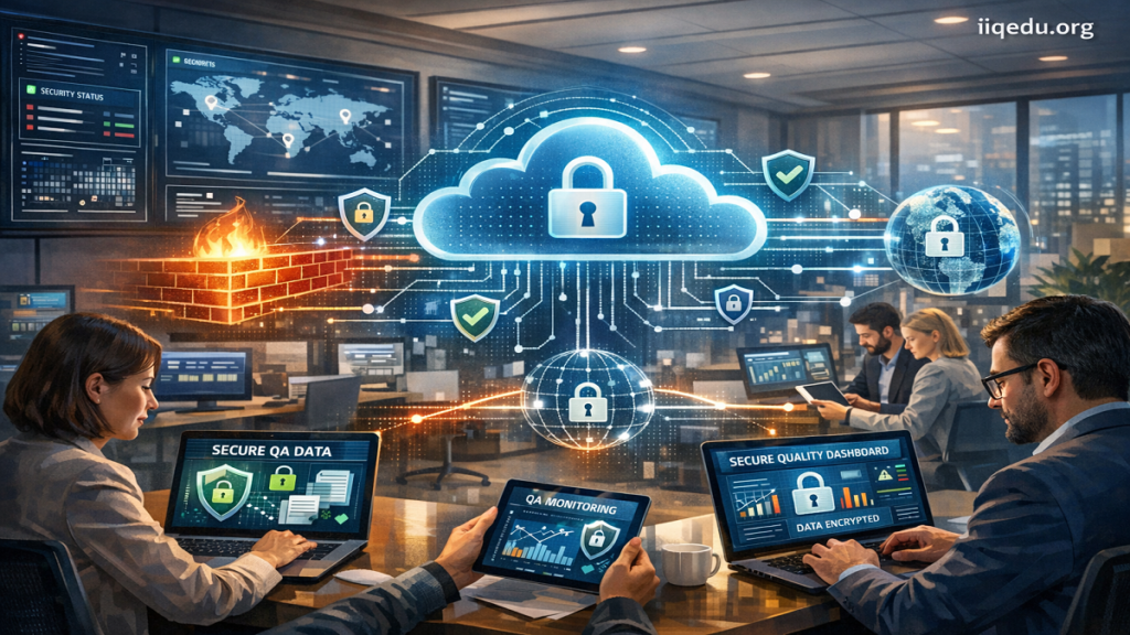 Cybersecurity in Quality Systems. A modern manufacturing facility and office environment show professionals using secure quality systems protected by cybersecurity measures. Employees monitor QA dashboards on computers and tablets displaying encrypted data, threat detection alerts, firewalls, and secure cloud connections. Visual elements such as digital locks and network security icons represent data protection. The setting is high-tech, professional, and well-lit. A small watermark “iiqedu.org” is visible in the top-right corner.