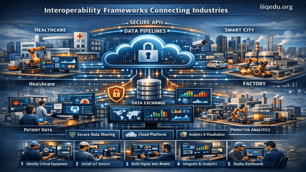 Illustration showing hospitals, smart city infrastructure, and factories connected through secure data pipelines, APIs, and cloud servers representing an Interoperability Framework.