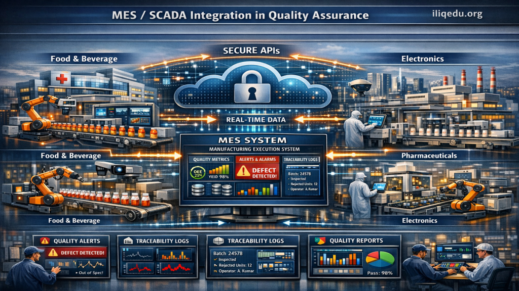 Illustration showing SCADA sensors and machines on a production line sending real-time data to a MES system, with dashboards displaying quality metrics and alerts.