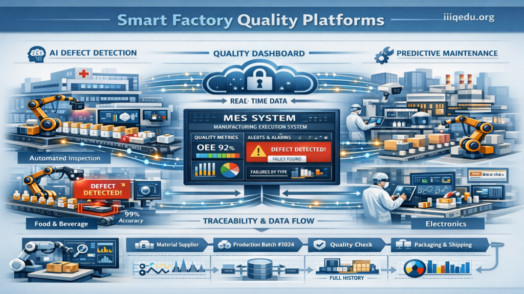“Operators monitoring smart factory quality dashboards in a high-tech control room with IoT-enabled machines.”