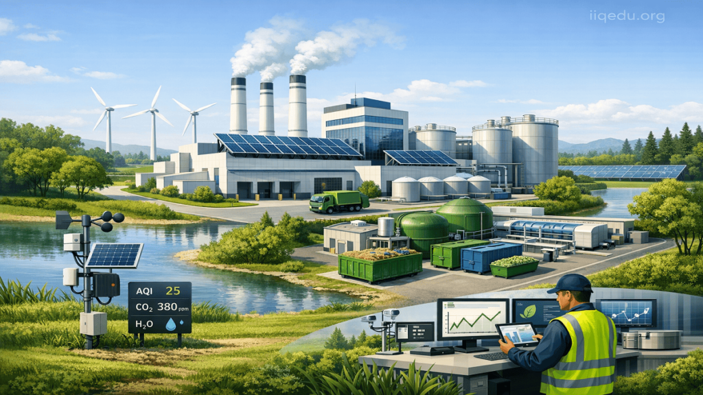 A modern industrial facility using green technology like solar panels and clean energy systems, surrounded by greenery, representing ecological standards, with a watermark “iiqedu.org” in the top-right corner.