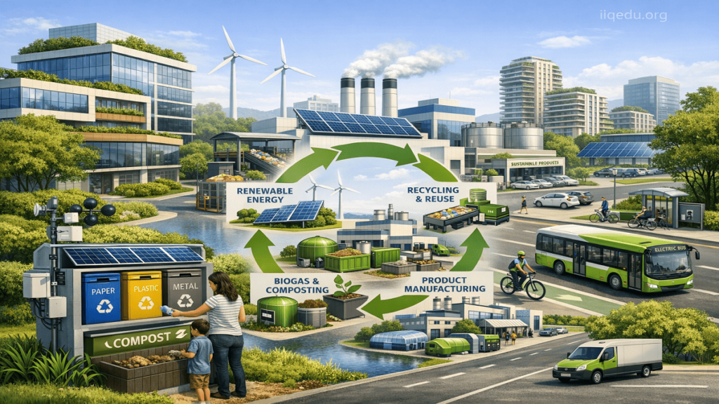 A city scene showing circular economy standards in action, with eco-friendly buildings, recycling points, green transportation, and waste-to-resource systems, with a watermark “iiqedu.org” in the top-right corner.
