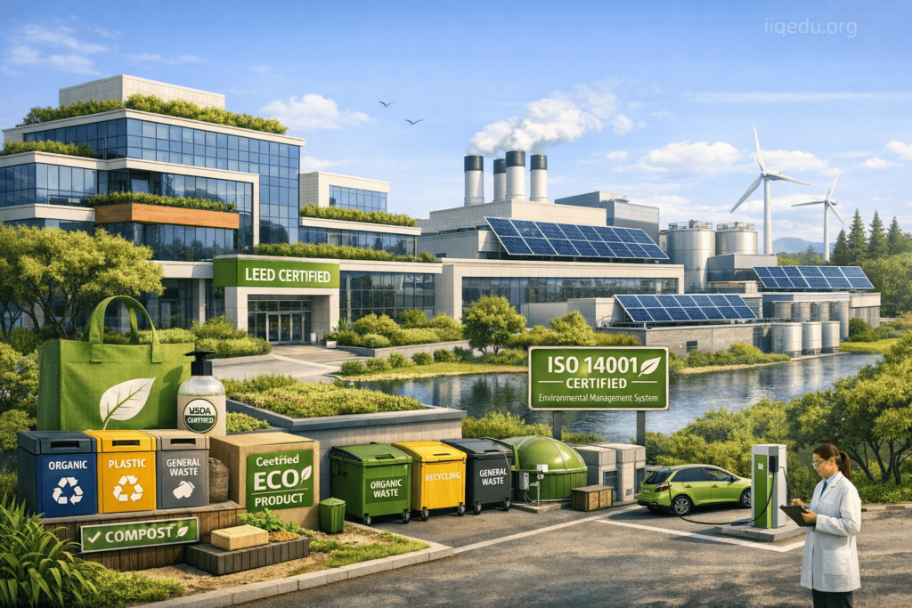 Corporate building with LEED-certified architecture, solar panels, green roofs, efficient waste management systems, and ISO 14001 compliance signage, with a watermark ‘iiqedu.org’ in the top-right corner.