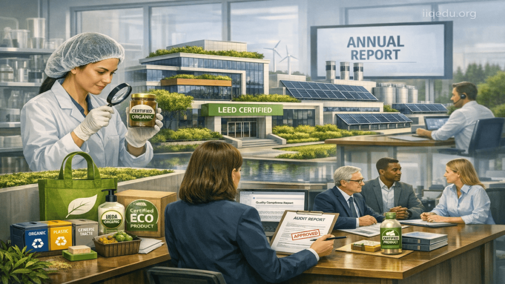 "Corporate office with auditors reviewing ESG data, employees following social compliance protocols, and operational dashboards, with watermark ‘iiqedu.org’ in the top-right corner."