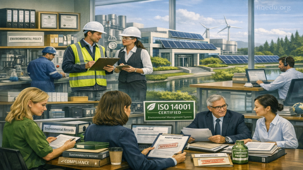 Corporate office with auditors and employees reviewing environmental compliance documentation, watermark ‘iiqedu.org’ in top-right corner.