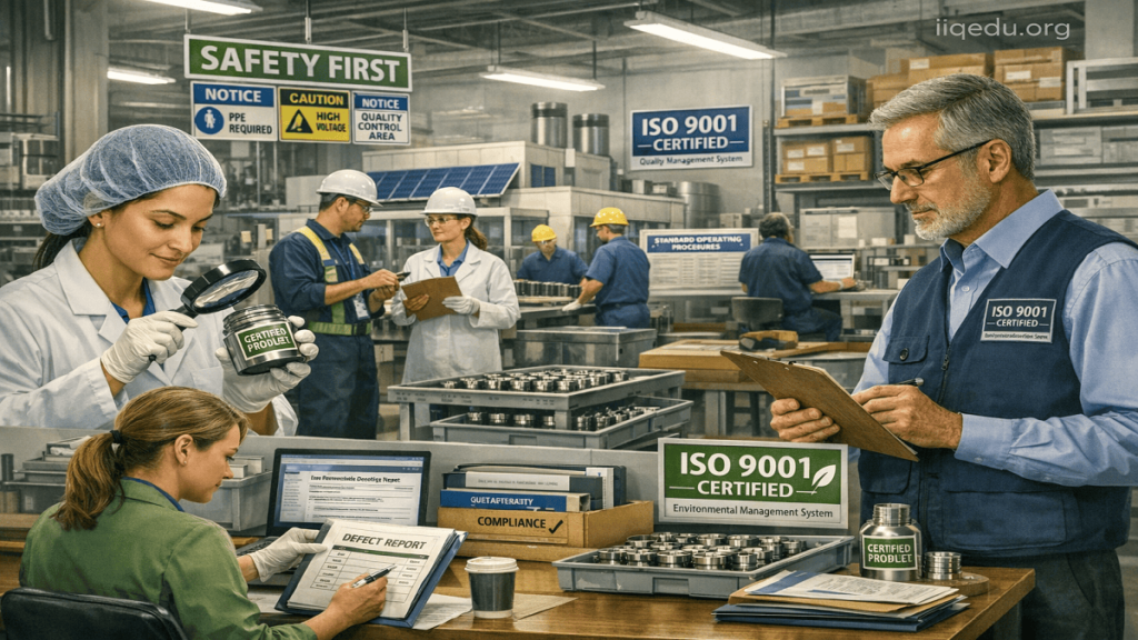 Inspectors and employees checking product quality and following standardized procedures in a factory, emphasizing ISO compliance and operational excellence.