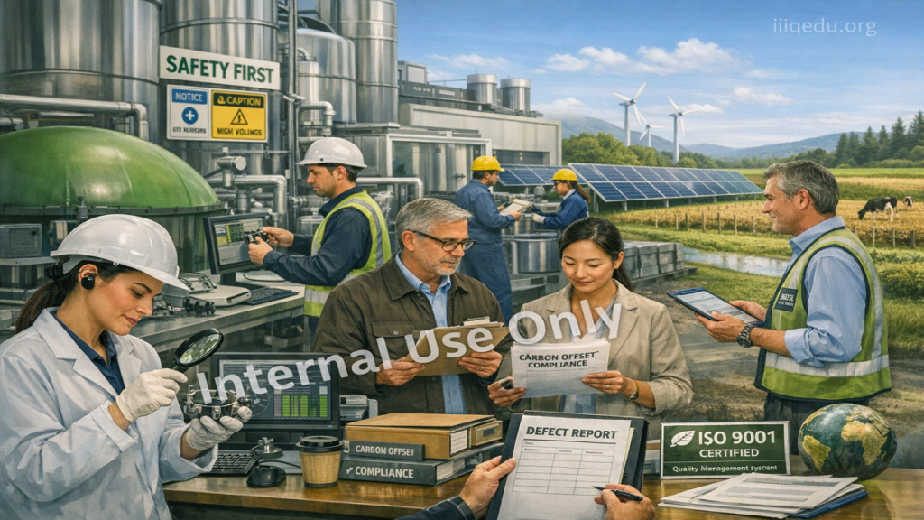 Factory staff monitoring methane capture systems, auditors checking compliance documentation, and supervisors overseeing sustainable operations to ensure quality carbon offsets.