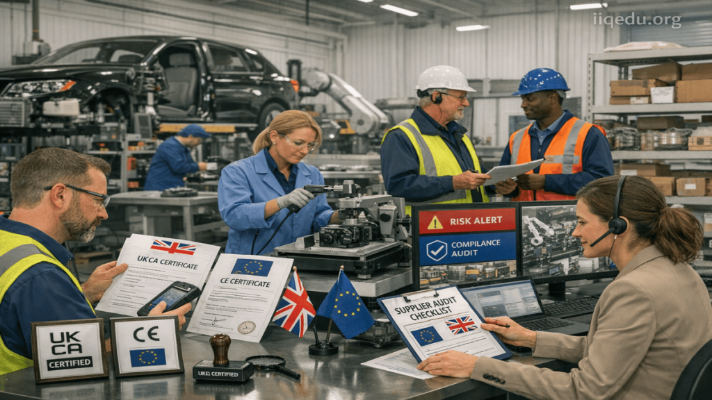 Brexit & Quality Certification. Employees auditing suppliers and reviewing dual certification documents for UKCA and CE compliance in a multinational automotive company.