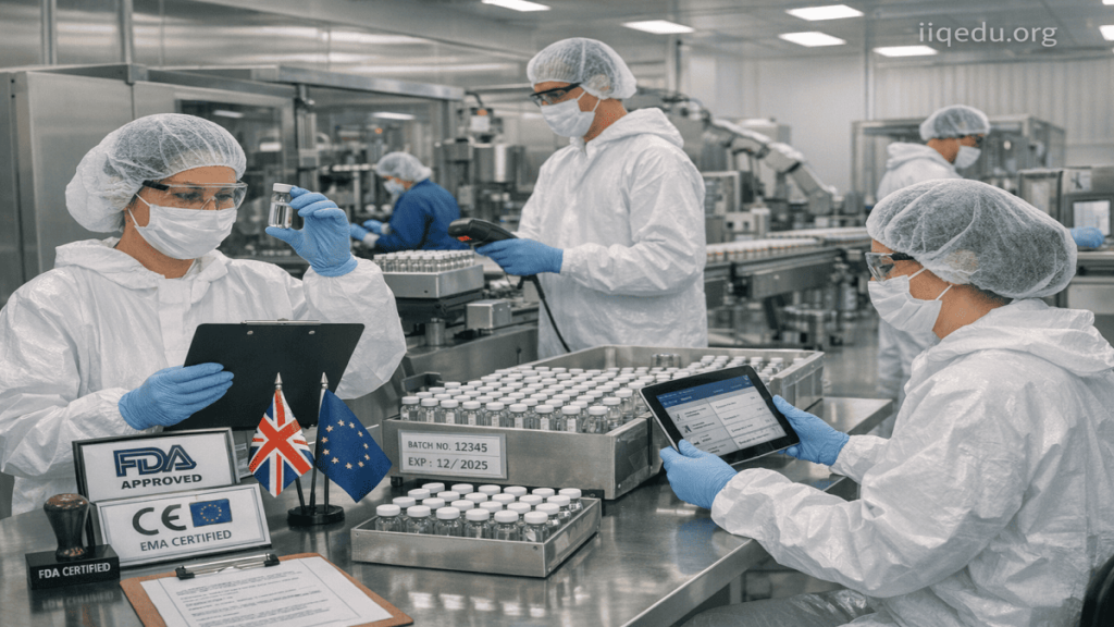 Cross-border Product Quality. Quality managers monitoring live compliance feeds from multiple international production sites on large screens, using tablets to coordinate global product quality.