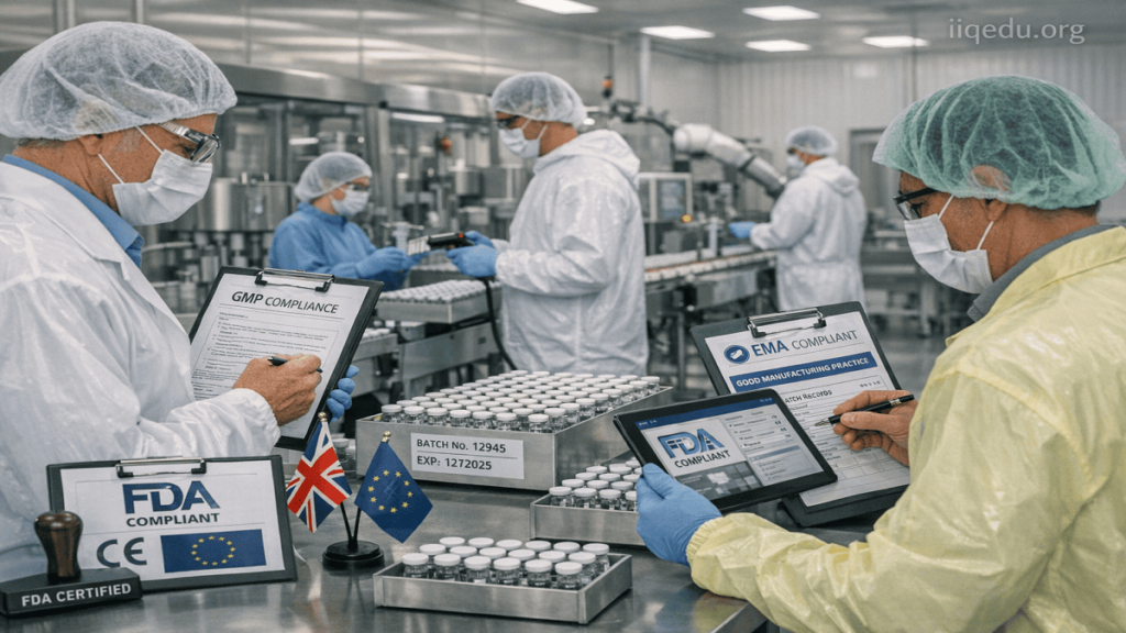 Inspectors checking pharmaceutical production in a cleanroom, verifying GMP procedures and regulatory compliance with FDA and EMA standards.