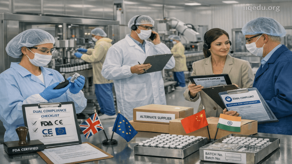 Geopolitical Impact on Quality Compliance. Quality assurance staff inspecting pharmaceutical production while coordinating dual compliance and supply chain adjustments due to geopolitical risks.