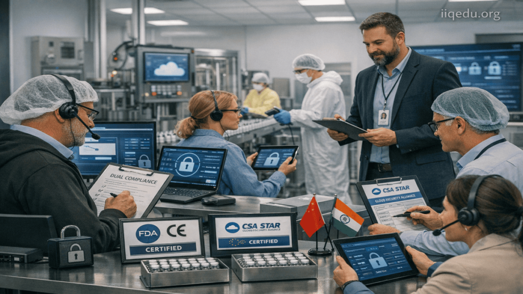 Global Digital Trust Standards. IT and cybersecurity professionals monitoring global compliance dashboards for ISO 27001, SOC 2, and GDPR in a professional command center.