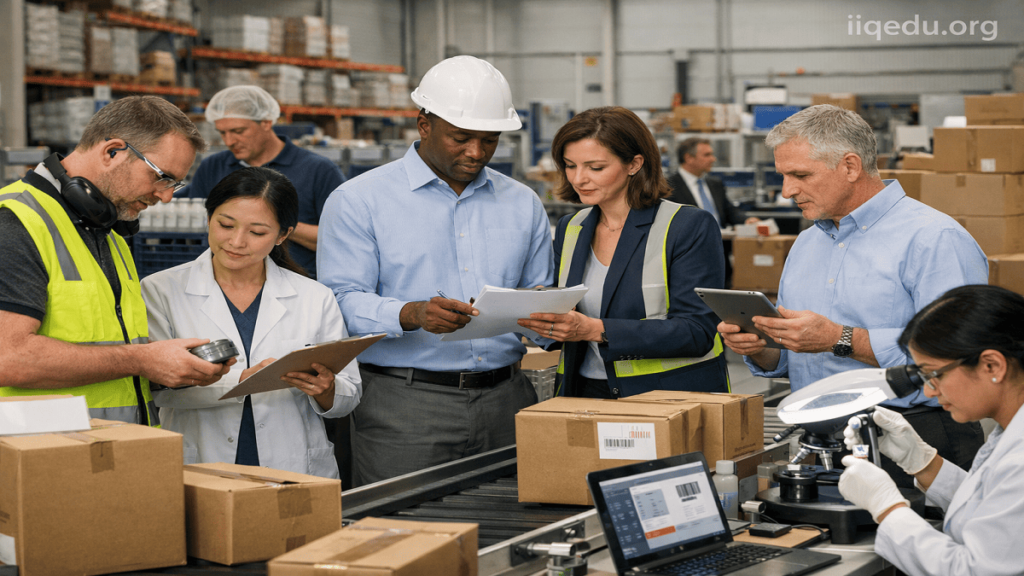 Quality inspectors reviewing documents and examining products in an industrial warehouse during a regulatory audit.