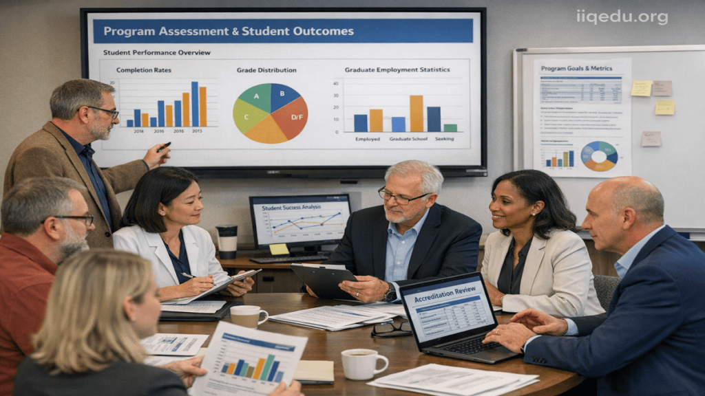 University classroom with faculty and accreditation assessors analyzing student performance data on digital screens.