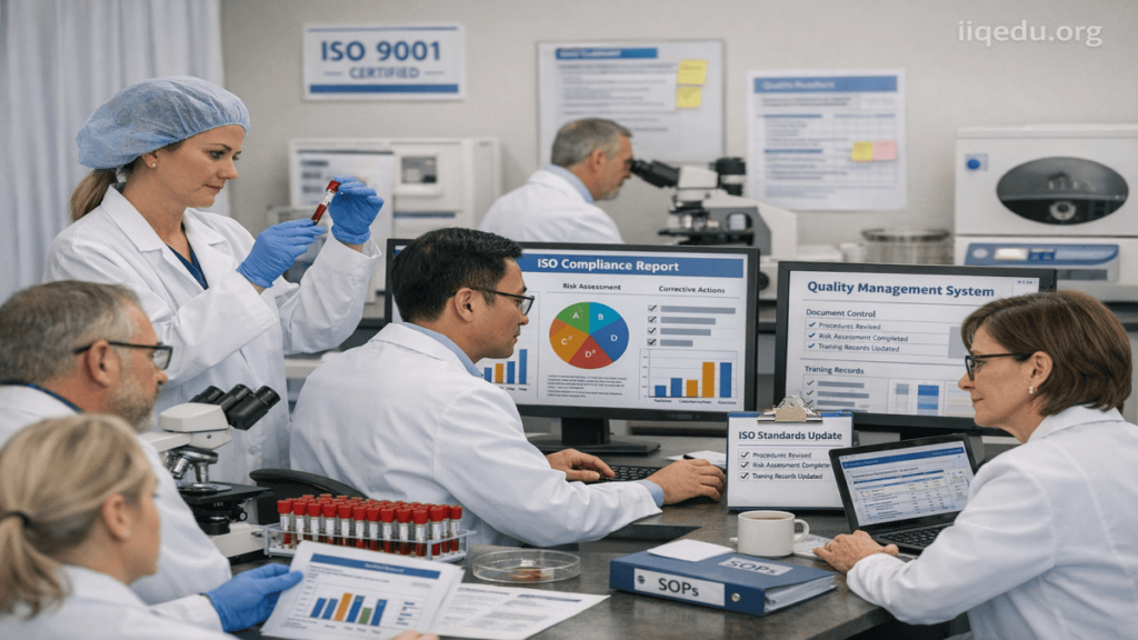 This realistic image shows a modern clinical laboratory where technicians are reviewing digital quality records and updating procedures according to ISO standards updates. The scene emphasizes risk management, compliance, and accreditation in healthcare operations.. Clinical laboratory technicians reviewing digital reports and quality management records while applying updated ISO standards.