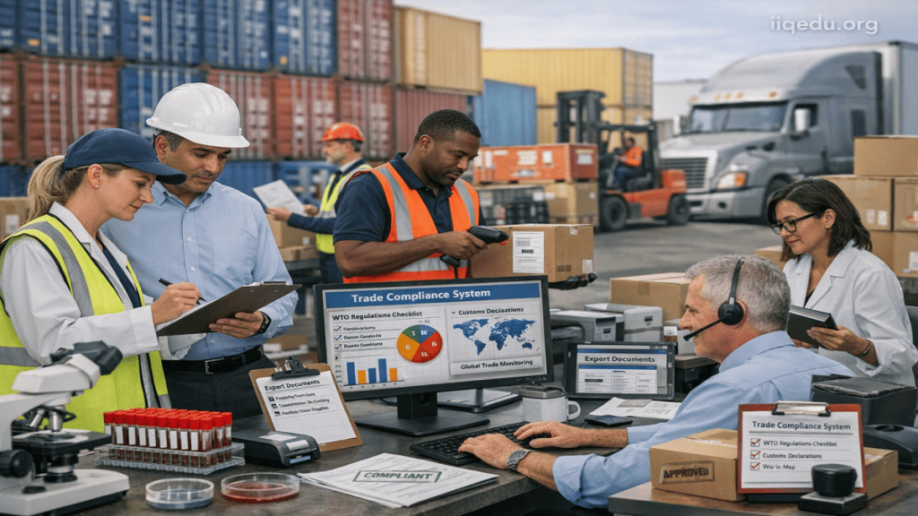 Logistics hub employees checking shipping documents and containers for compliance with trade regulations and WTO guidelines.