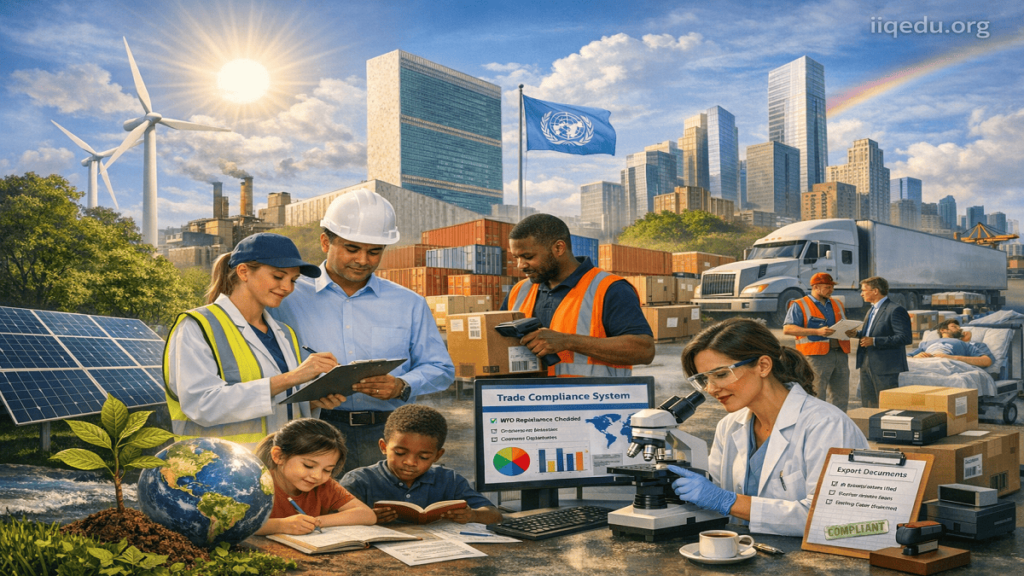 Colorful icons representing the 17 UN Sustainable Development Goals with a focus on quality, including education, health, and industry improvement.
