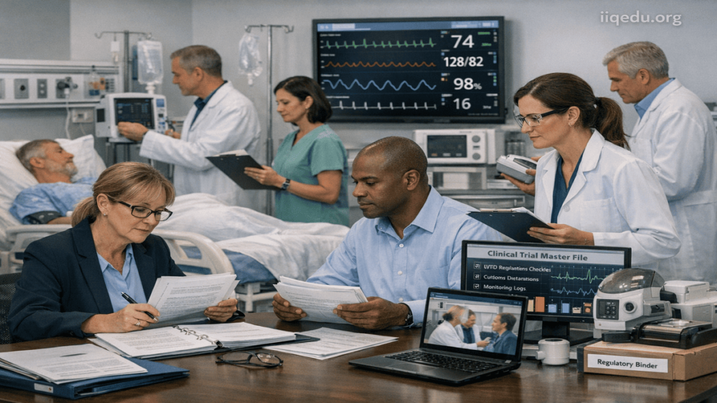 Healthcare & Life Sciences QA. Quality assurance professionals monitoring clinical trial data, reviewing patient vitals, and inspecting medical devices in a hospital environment.