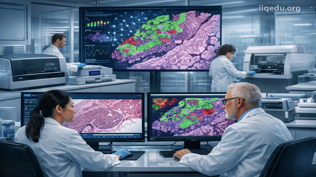Digital Pathology QA. Lab technicians using AI-powered digital pathology systems to analyze tissue samples in a pharmaceutical research lab.