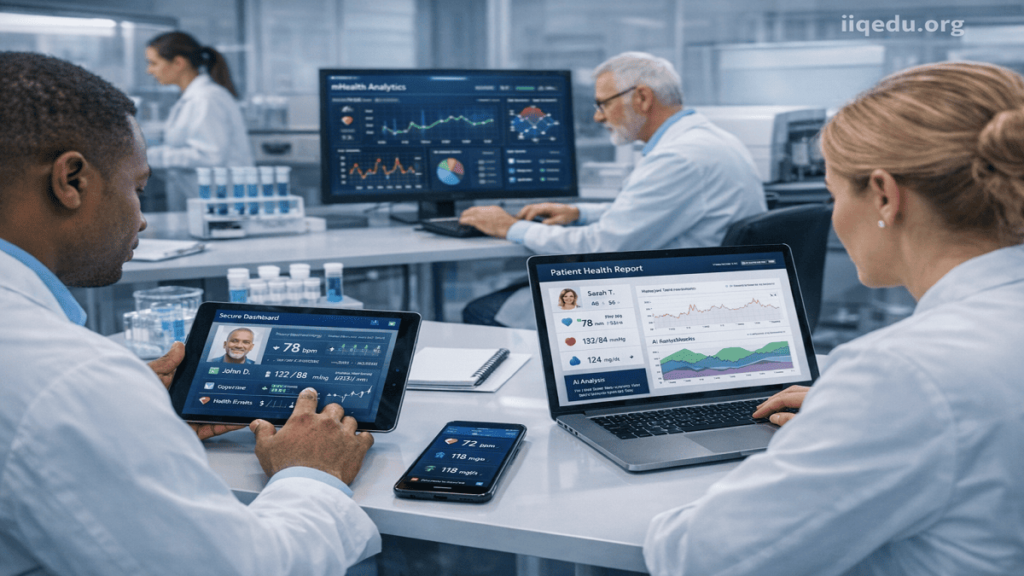 mHealth App Quality Verification. Researchers analyzing patient data from a mHealth app on laptops and tablets in a pharmaceutical research lab.