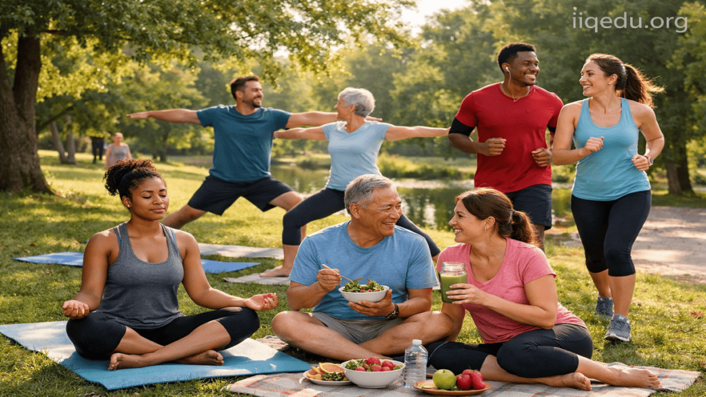 Healthcare & Wellness Quality. People practicing yoga, jogging, and enjoying healthy food outdoors in a park, representing a balanced and healthy lifestyle.