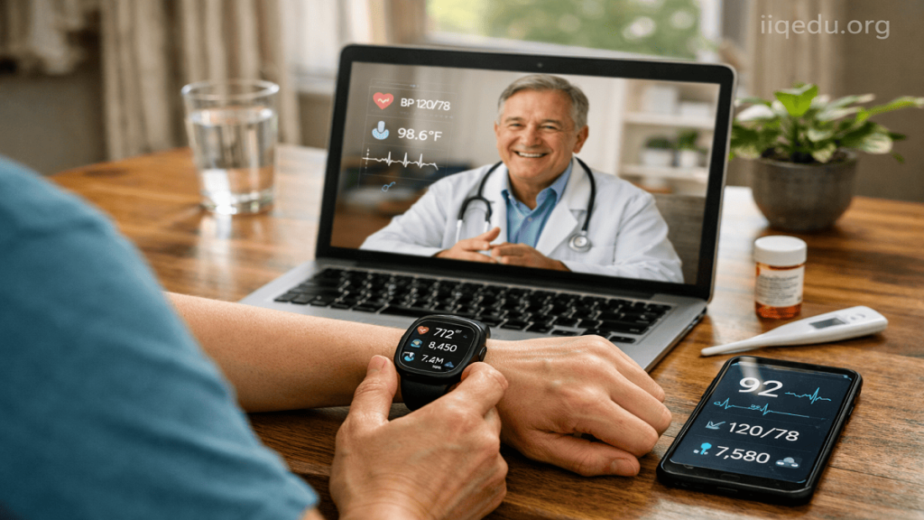 AI in Healthcare Quality Monitoring. Doctors and nurses monitoring a patient in an ICU with AI-powered medical devices displaying real-time vital signs.