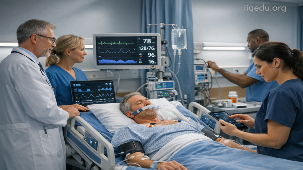 Person using a wearable health device during a telemedicine consultation with a doctor on a laptop screen.
