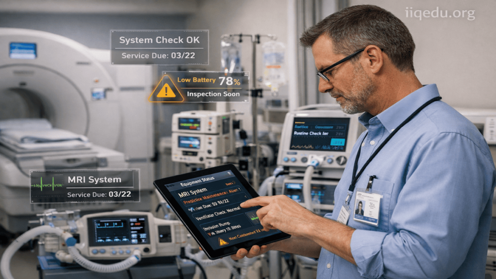 Biomedical Engineering Quality. Biomedical engineer reviewing AI diagnostics on a tablet while monitoring ventilators, infusion pumps, and MRI machines in a hospital setting.