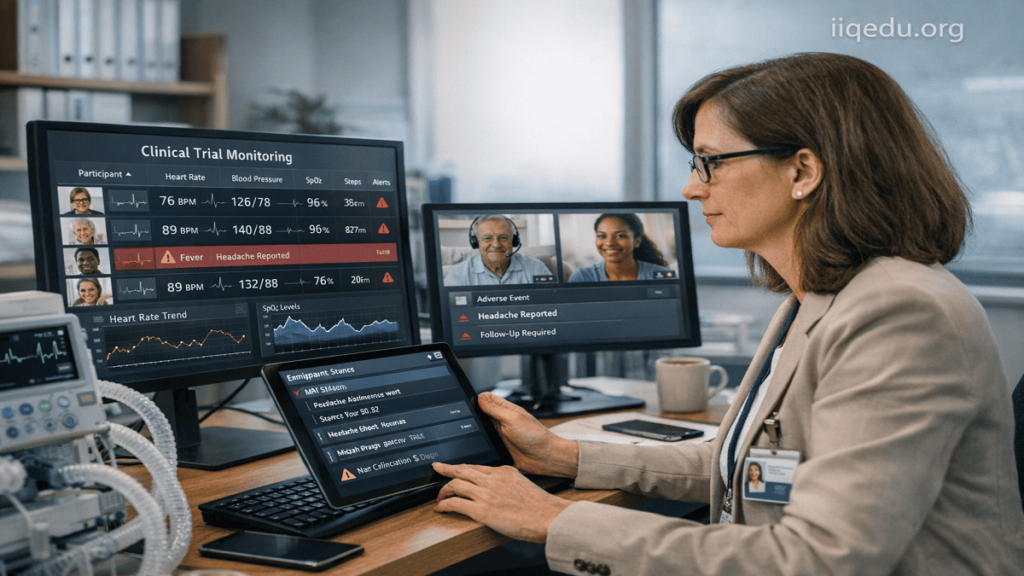 Clinical Trial Quality & Ethics. Investigator analyzing real-time clinical trial data from wearable devices and telemedicine platforms, maintaining ethical and quality standards.