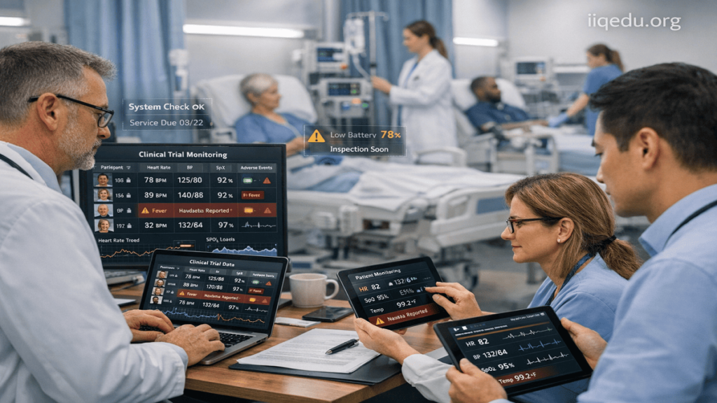 Clinical research staff monitoring patient data on tablets and laptops in a hospital clinical trial setting, ensuring quality and ethical compliance.