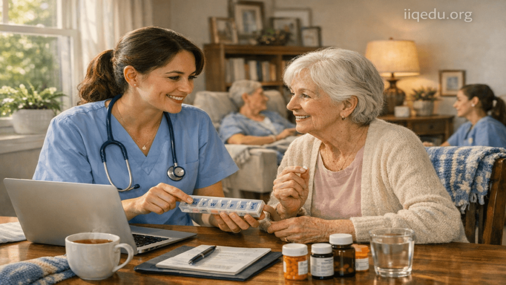 Elderly Care & Nursing Quality. A nurse helps an elderly woman with medication management at a cozy dining table, in a warm and safe home environment.