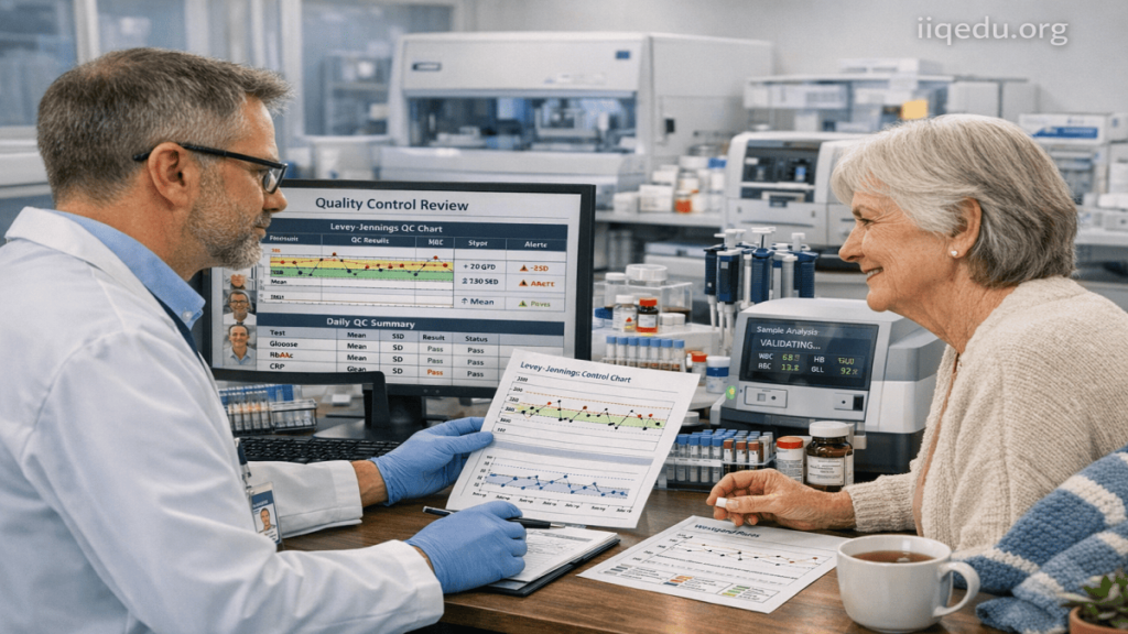 ISO 15189 in Medical Labs. A private diagnostic laboratory scientist reviews quality control charts and validates test results under ISO 15189 standards.