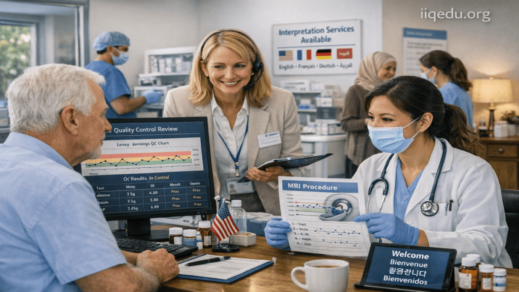 Medical Tourism Quality Standards. A private clinic staff assists an international patient, providing multilingual support and following medical tourism quality standards.