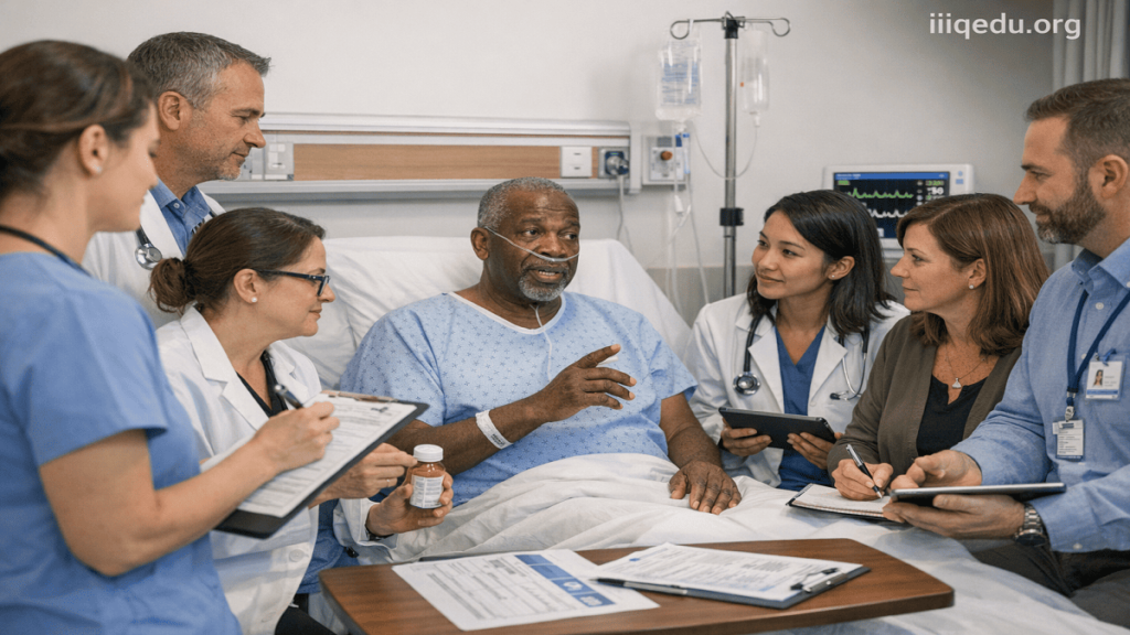 Patient-Centered Quality Models. Healthcare team including doctors, nurses, and specialists collaborating with a patient on a care plan in a clinical setting.