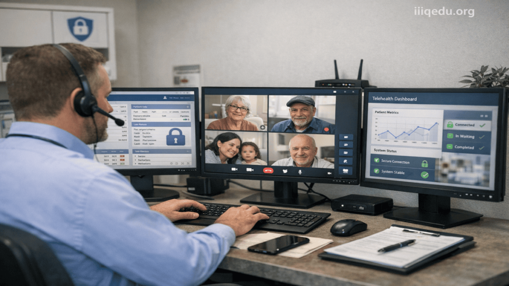 Healthcare professional monitoring multiple telehealth sessions and patient data on computer screens in a clinical office.