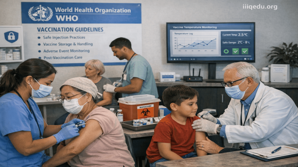 Healthcare workers administering vaccines in a community clinic, with monitoring systems and WHO standards visible.